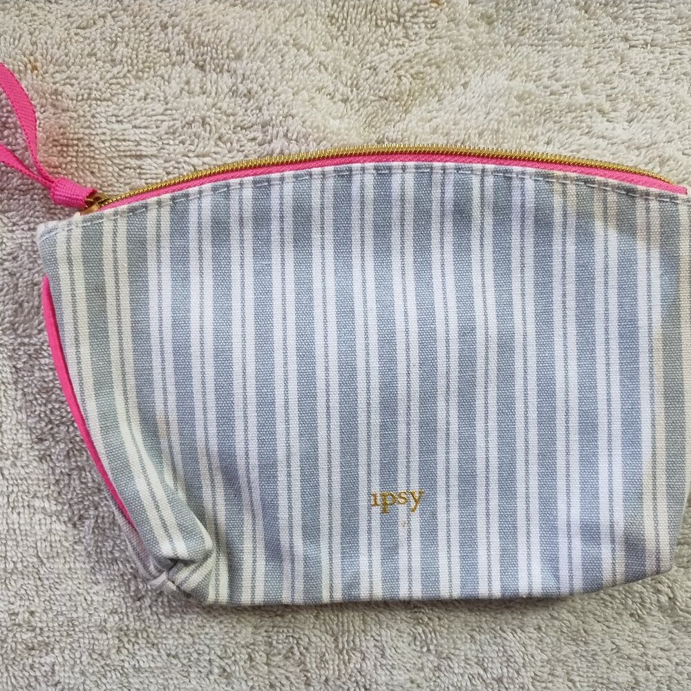Pre-Owned Ipsy Blue Pinstripe Cloth Small Makeup Bag 5" x 7"